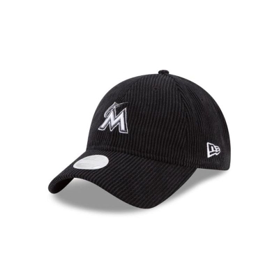 Black Miami Marlins Hat - New Era MLB Corduroy 9TWENTY Adjustable Caps USA9836407